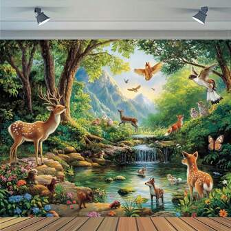 Multi Functional Forest Landscape Background - Deer, Foxes And Birds | High Quality Polyester Photography Background | Washable Party Banner, Suitable For All Occasions