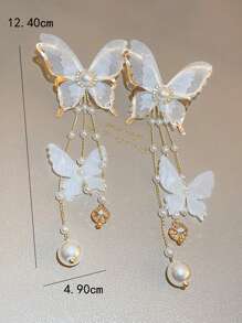 1 par de pendientes elegantes con borlas largas, mariposas, perlas falsas y strass en estilo retro para mujeres