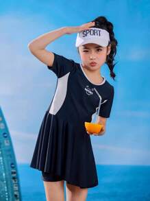2-In-1 Girls Sports Romper With Letter Print, Solid Color Placement Print Short Sleeve, Brief Lining,Elastic, Breathable, Slimming Design, Suitable For Spring/Summer, Beach, Party, Swimming, Surfing, And Sun Protection