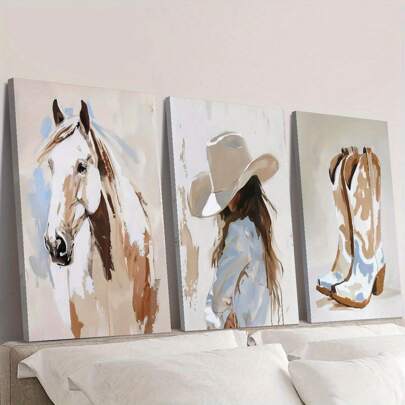 3pcs/Set, Canvas Hanging Painting, Framed Decorative Painting, Poster, Wall Art, Western Art, Horse And Cowgirl, Cowboy Boots, Cowboy Watercolor Painting, Western Oil Painting Style, Suitable For Home Wall Decoration Gifts Birthday Graduation
