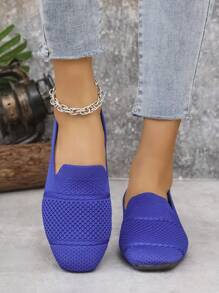 Women's Knit Flat Square Toe Loafer Shoes, Comfortable Breathable Casual Mom Shoes For Spring & Autumn