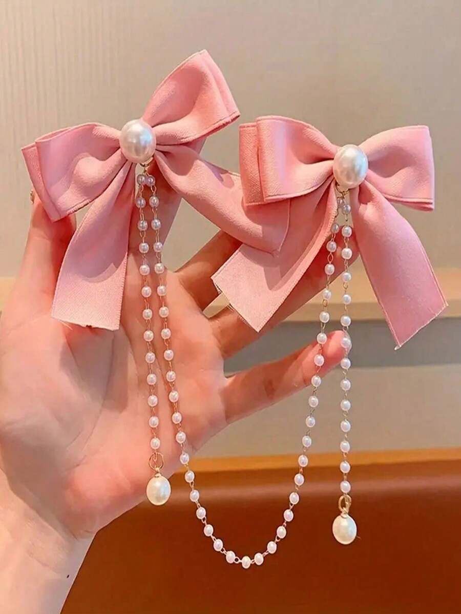 1pc Women Simple Pearl Bow Hair Clip, Suitable For Everyday Wear Claw Clips Hair Slide Hair Barrettes - Pink - View 1