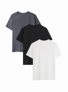 Set de 3 piezas, camiseta de mujer de verano de cuello redondo y manga corta, versátil y de unicolor, apropiada para uso diario. Blanco, negro y rosa