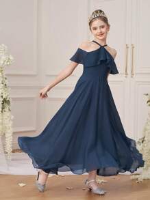 Tween Girls' Off-Shoulder Spaghetti Strap Long Party Gown, Ruffled Hem Birthday Wedding Formal Dress, Princess Evening Dress - Royal Blue - View 5