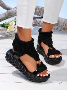 Handmade Woven Thick Sole Open-Toe Casual Comfort Woolen Round Button Slip-On Platform Sandals For Women, Summer