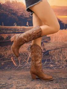 Women's Western Cowboy Boots, New Autumn/Winter Style, Pointed Toe, Embroidered, Chunky Heel, Mid-Calf, Fashion Western Boots