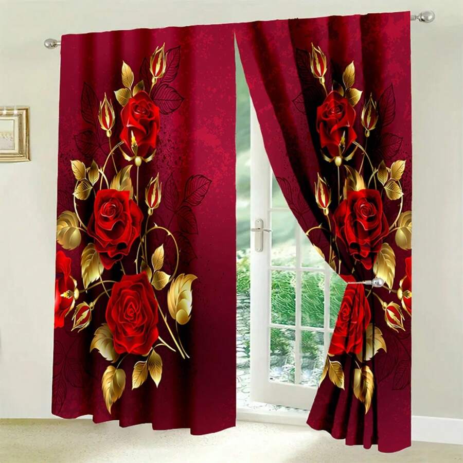 2 piezas Cortinas con estampado floral de rosas románticas, cortinas con tema del Día de San Valentín - Diseño de bolsillo para barra, suave poliéster, patrón floral elegante con rosas rosadas y mariposas, adecuado para sala de estar, dormitorio, cocina o cafetería - Multicolor - Ver 1