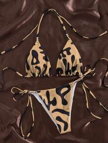 2pcs/Set Christmas,New Year's,Thanksgiving,Halloween Costumes,Sexy Elegant Slimming Randomly Printed Pattern,Vacation Beach And Swimming Pool Back Tie Bikini Set