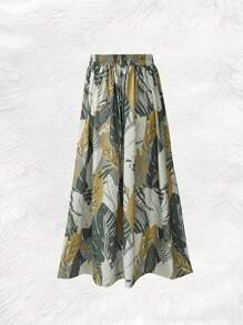 Women's Casual Printed Mid-Length Skirt, Spring/Summer - Olive Green - View 3