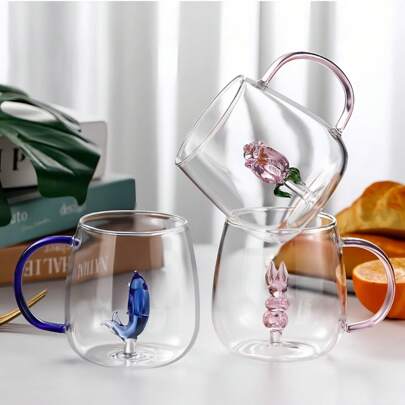 1个玻璃水杯，高硼硅玻璃果汁杯，3D卡通动物/植物杯，彩色手柄咖啡杯，厨房饮水器具，厨房配件，浴室配件，杯子，马克杯，厨房用具