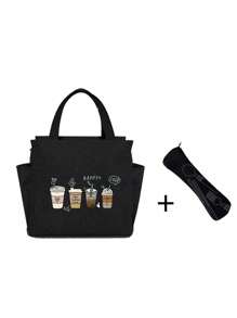 4-Cup Coffee Pattern Insulated Lunch Bag With Black Utensil Pouch, Double Pocket Lunch Box, Large Capacity, Student Meal Thermal Cooler Bag, Portable Travel Picnic Bag, Office School Lunch Box, Work Lunch Box, Work Office Holiday Lunch Box, Unisex Multipurpose Camping School Lunch Box (4 Color Options) - Multicolor - View 16