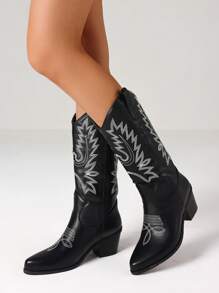 Fashion Women Western Boots Retro Vintage Chunky Heels Slip On Mid Calf Boots Embroidery Cowgirl Cowboy Ridding Shoes - 黑色 - 查看 1