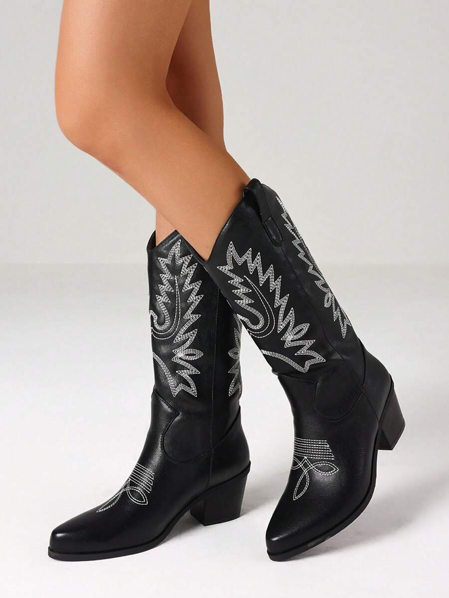 Fashion Women Western Boots Retro Vintage Chunky Heels Slip On Mid Calf Boots Embroidery Cowgirl Cowboy Ridding Shoes - 黑色 - 查看 1