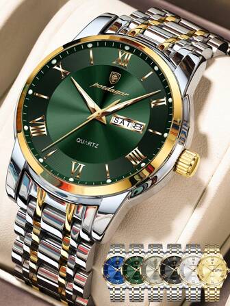 1 pieza Reloj de pulsera de cuarzo de acero inoxidable dorado con estilo de negocios para hombres, con calendario de semana y doble pantalla, resistente al agua 30M, función de manecillas luminosas, reloj casual para hombres con estuche, juego de regalo para hombres