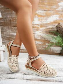 2025 Summer New Women's Beige Linen Mesh Hollow Wedge Thick Bottom Non-Slip Lightweight PU Sole Wrapped Comfortable Linen Lining Fashion Round Toe Cute Increased Height Shoes - Beige - View 4