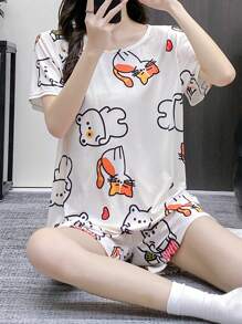 2pcs Spring, Summer & Autumn Pajama Set, Minimalist And Cute Sleepwear Lounge Wear, Effortless Draping Short Sleeve Suit, Wearable As Outerwear, Two Pieces Set