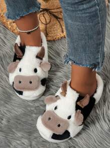 Cow Pattern Thermal Slippers, Warm Fluffy Anti-Slip Couple House Slippers, Winter - White - View 3