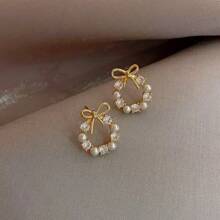 1 对时尚小巧蝴蝶结耳钉适合女性日常佩戴 - 金色 - 查看 2