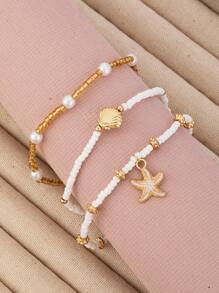 Conjunto de 3 piezas de tobillera con cuentas de perlas falsas, con dijes de estrella de mar y concha dorada, adecuado para uso diario y de vacaciones
