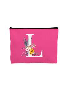 首字母印花拼布女士化妆包 玫红色小包 化妆包 便携洗漱包 教师节礼物 可重复使用化妆包 带雏菊白色字母印花 女士简约大容量旅行化妆包