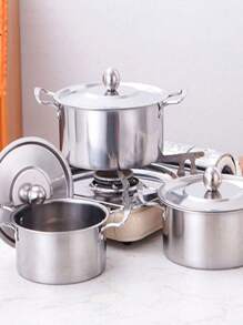 3 Piezas Batería de Cocina de Acero Inoxidable de , Batería de Cocina de Acero Inoxidable de Doble Asa, Batería de Cocina con Tapa, Placa de Inducción, Utensilios de Cocina, Olla de acero inoxidable ﻿ - Plateado - Ver 4