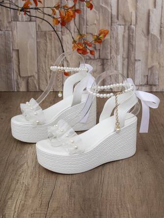 Sandalias con plataforma decoradas con perlas y lazos para mujer, de suela gruesa, resistentes al agua, para uso casual, fiestas y playa