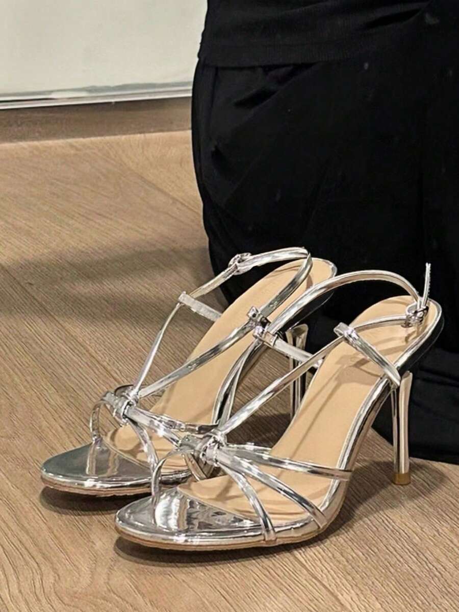 金色和银色细带高跟鞋，2024 年夏季新品，时尚细带高跟女士凉鞋