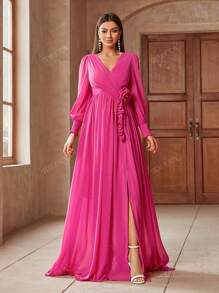 Vestido maxi de mujer con cuello en V, mangas farol y decoración floral 3D en un solo color, vestido elegante de dama de honor