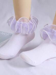 1 đôi tất cotton màu tím đính ngọc trai kiểu công chúa dành cho bé gái - Màu tím hoa cà - Xem 3