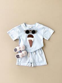 2 件套婴儿/幼儿男女款休闲冰淇淋拼布短袖 T 恤和短裤夏季服装