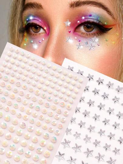 2pcs Ivory White 3D Rhinestone Five-Pointed Star Face Jewels, DIY For Music Festivals, Weddings, Carnivals, Valentine's Day, Y2K Parties, Daily Decoration, Makeup Parties, Balls, Can Be Used For Hair, Eyes, Face, Body Decoration