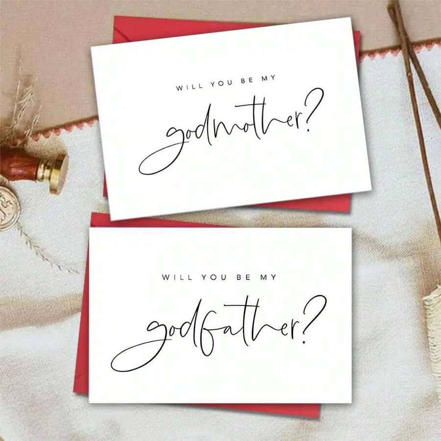 1 pieza Tarjeta de invitación "¿Serás mi madrina y padrino?" Diseño de letra elegante manuscrita para bautizo, 5*7in - Con sobre grueso - Rojo - Ver 1
