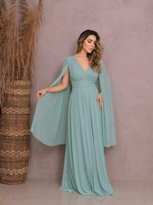 Women's Long Party Dress Slit Cape Sleeve V Neck Solid Color Elegant New Year's Eve Plus Size - Màu xanh Bạc hà - Xem 2