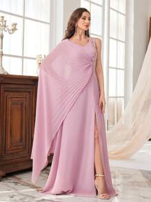 SUPGIR V-Neck Beaded Embroidery Sequin Ruched Batwing Sleeve Split Hem Chiffon Party Dress, Bridesmaid Dress - Pink - View 4