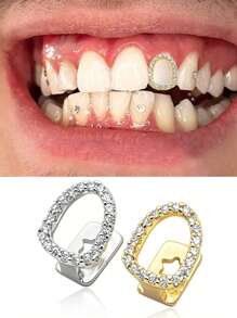 1 pièce Couronne creuse entièrement incrusté de strass, plaqué or. Bijou à dents cool et punk personnalisé pour l'hip-hop, convient pour le port quotidien des hommes et des femmes