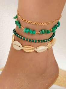 女士波西米亚风格脚链，海洋海滩，贝壳砾石米珠编织脚链，4 件/套