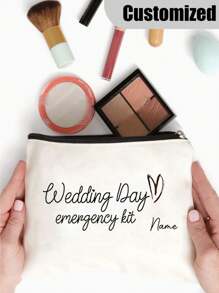 1pc Customizable Bride Wedding Day Emergency Kit Makeup Bag - Personalized Polyester Cosmetic Pouch, Lightweight Zippered Organizer, Machine Washable, Fade Resistant, Foldable - Fashion Style White Toiletry Bag - Beige - View 3