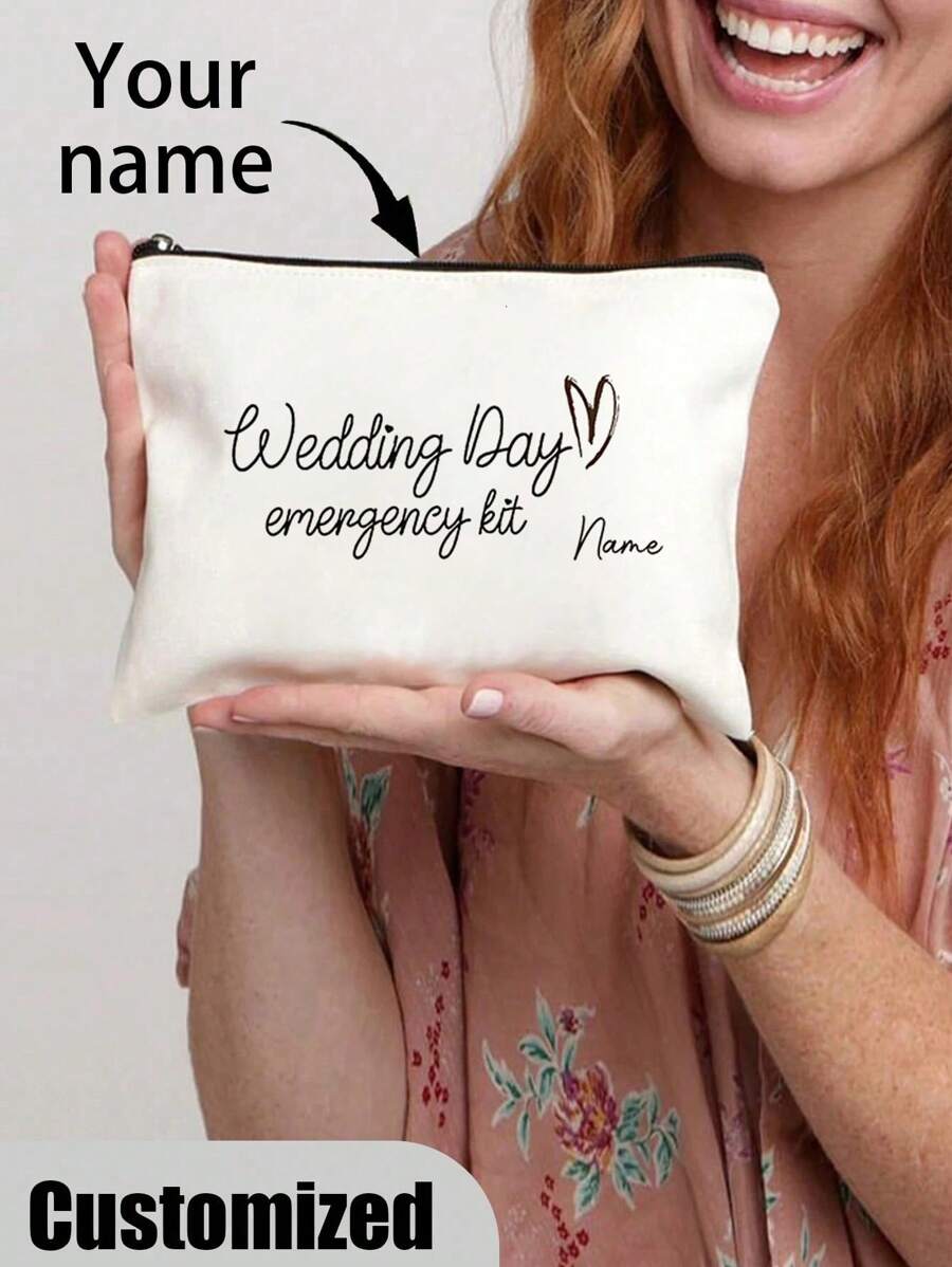 1pc Customizable Bride Wedding Day Emergency Kit Makeup Bag - Personalized Polyester Cosmetic Pouch, Lightweight Zippered Organizer, Machine Washable, Fade Resistant, Foldable - Fashion Style White Toiletry Bag - Beige - View 1