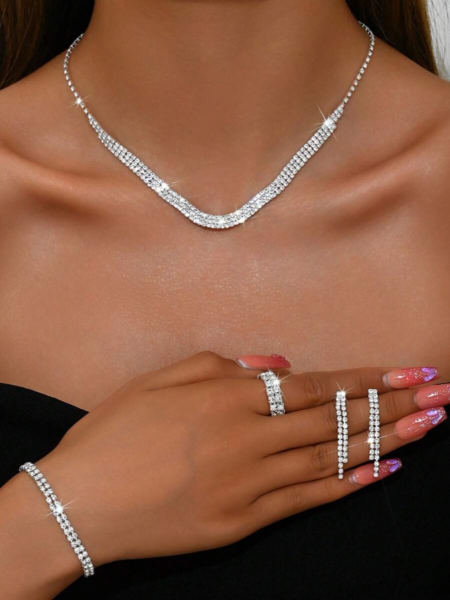 5 件优雅水钻首饰套装 - 项链、耳环、手链、戒指，全部铺镶，适合作为女朋友/妻子的节日/结婚礼物 - 5PCS 套裝-銀色 - 查看 1