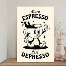 Framed Vibrant Coffee-Themed Art - Unique Illustration Canvas Posters For Home Decor With Humorous "More Espresso, Less " Quote