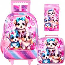 3件套女童拉杆背包，儿童带轮书包，小学生拉杆背包带午餐袋 - 小狗图案 - 雙拉桿背包 - 查看 14