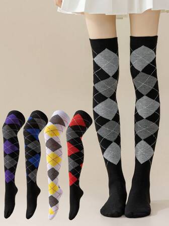 1 Pair Spring Autumn Winter Jk Dance Geometric Patterns Argyle Plaid Knee High Socks Thigh Over The Knee Socks, Y2k, Cozy