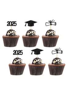12pcs/Set 2025 Graduation Party Cake Toppers, Diploma Hat Cupcake Picks Dessert Decorations