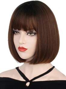 12 英寸棕色鲍勃式假发，带刘海，女士高温纤维合成发，可调节发帽，直发，通用 - 棕色 - 查看 3