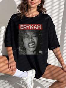 Women Casual Loose Face & Letter Printed Round Neck Short Sleeve Tee, Oversize T-Shirt, For Summer Graphic Tee