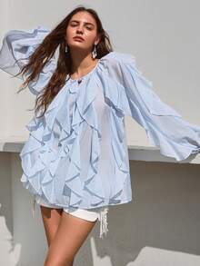 Simplee 女士秋季系带荷叶边飘逸长袖衬衫，浪漫、度假、波西米亚风、音乐节、机场旅行、返校季 - 淺藍色 - 查看 2