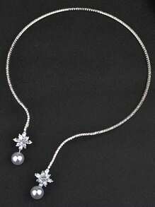 1 buc colier complet cu cristale și choker cu perle din frunze de zirconiu, colier luxos la modă din cupru și argint, potrivit pentru femei, purtare zilnică, aniversare, nuntă, petrecere, sărbătoare, colier de bijuterii de mireasă