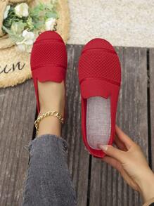 Women's Knitted Flat Mesh Sneakers, Round Toe Casual Slip-On Shoes For Daily Walking, Comfortable Mother Shoes