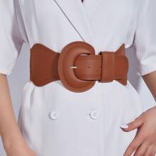 1 件春夏新款休闲 PU 皮革韩版圆扣松紧腰带，适合连衣裙、毛衣的时尚配饰 - 咖啡 - 查看 5