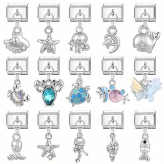 1pc Fashion Italian Popular Bracelet Modules Accessories, Marine Life Starfish Turtle Octopus Zirconia Embedded Metal Modules Stainless Steel Charms